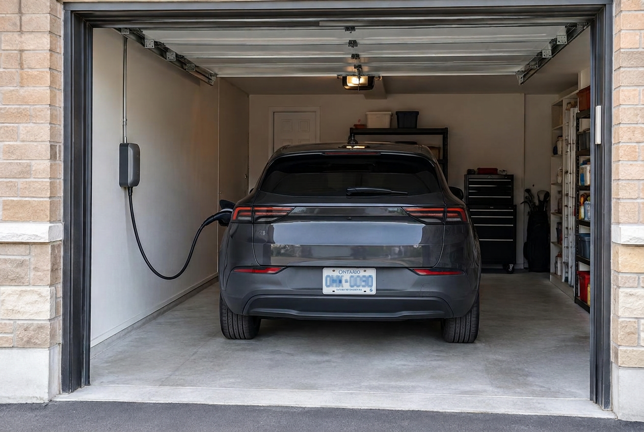 Level 2 EV charger installed in a Milton, Ontario home garage